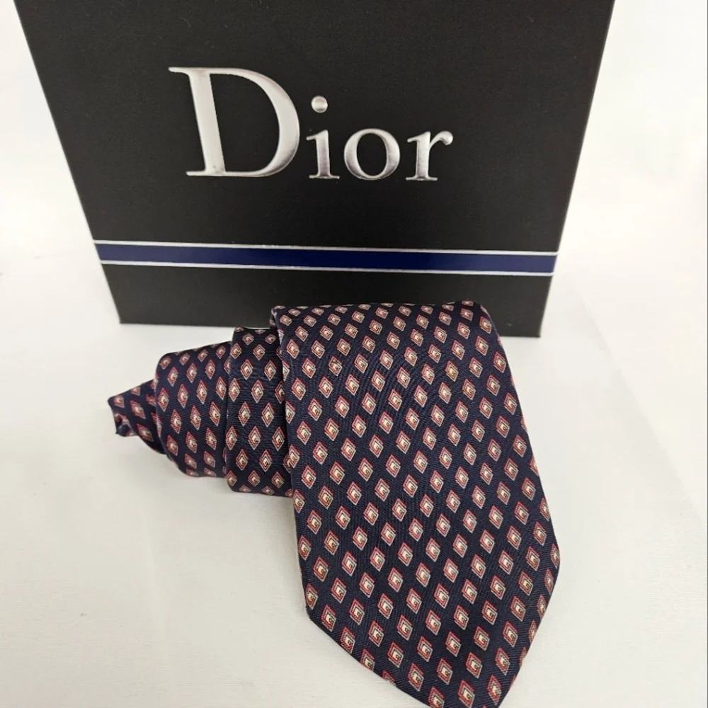 Christian Dior Silk Neckyie in Navy and Red Interlocking Diamond Pattern